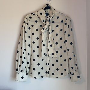 alice blue Button-Up Polka Dot, Tie Neck Blouse